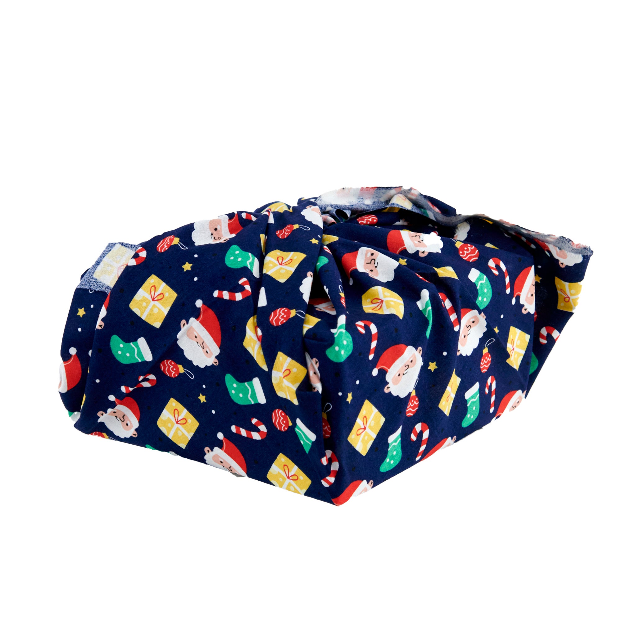 Christmas Print Cotton Fabric Reusable Gift Wrap, Blue Santa & Gifts