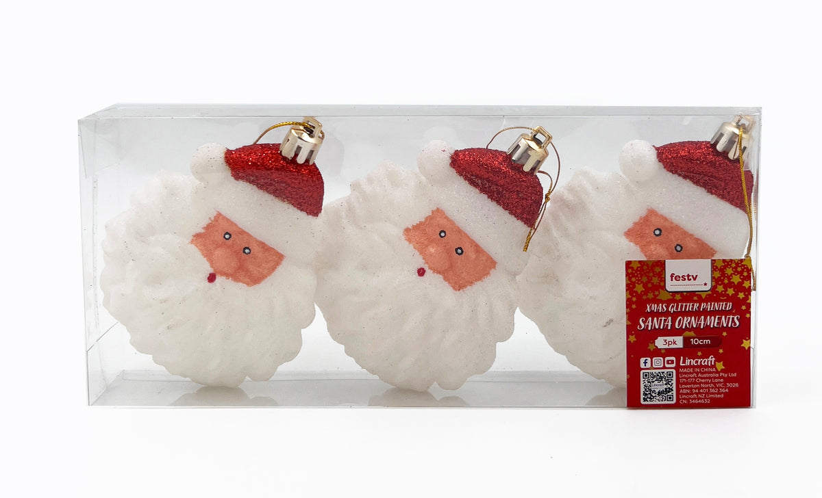 Christmas Glitter Painted Santa Ornament- 3pk
