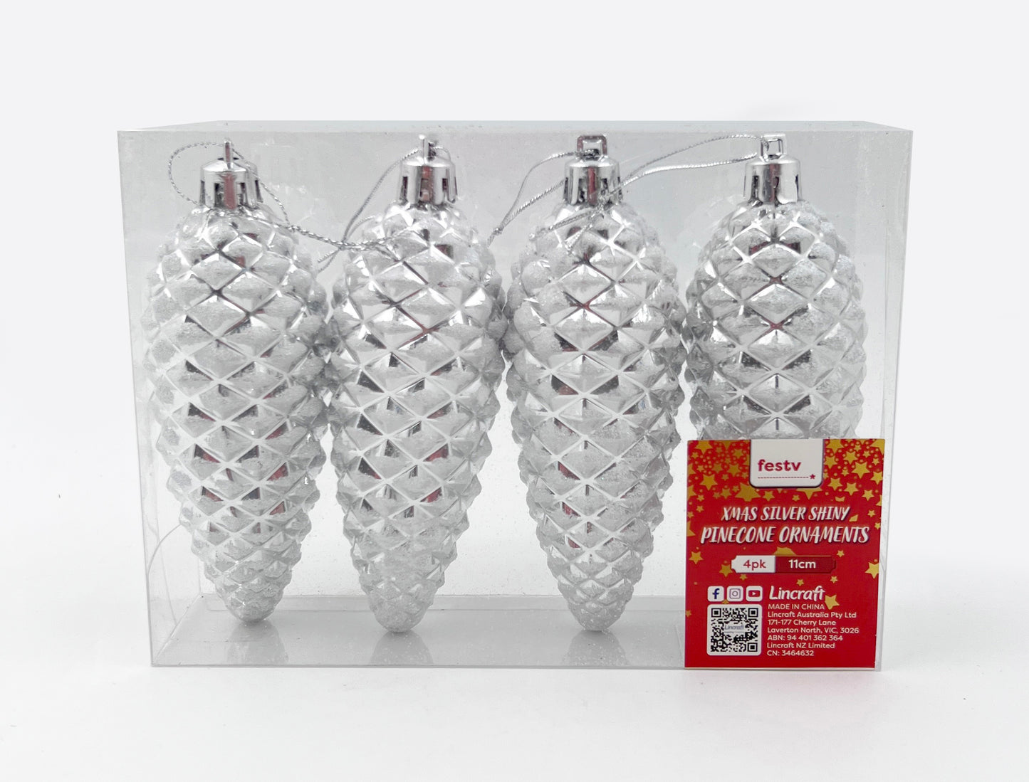 Christmas Silver Shiny Pinecone Ornament- 4pk