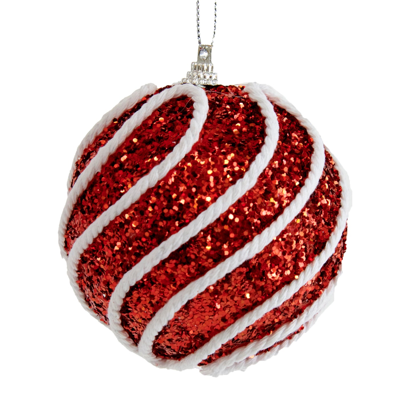 Christmas Ball Red, White Cord Swirl on Sequin - 8cm