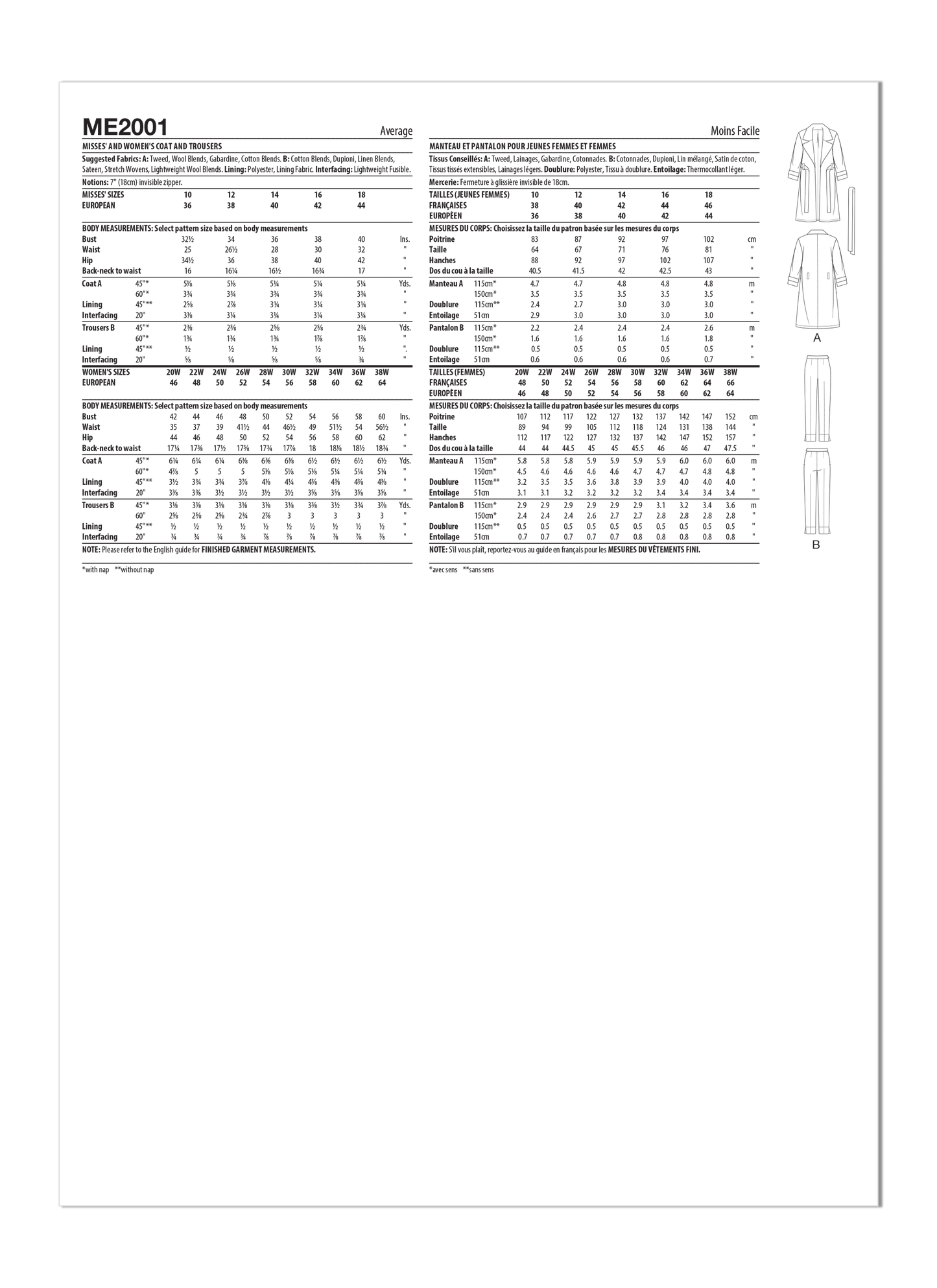McCall's ME2001 Misses' and Women's Coat and Trousers