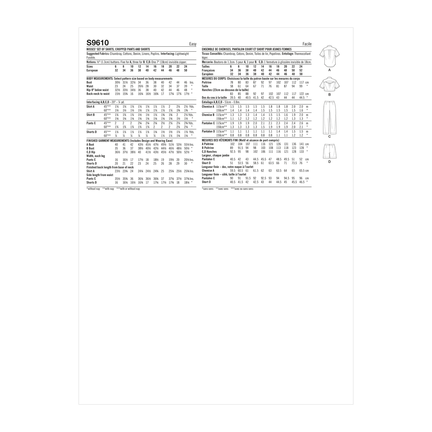 Simplicity Pattern SS9610 Misses' Set of Tops, Cropped Pants and Shorts