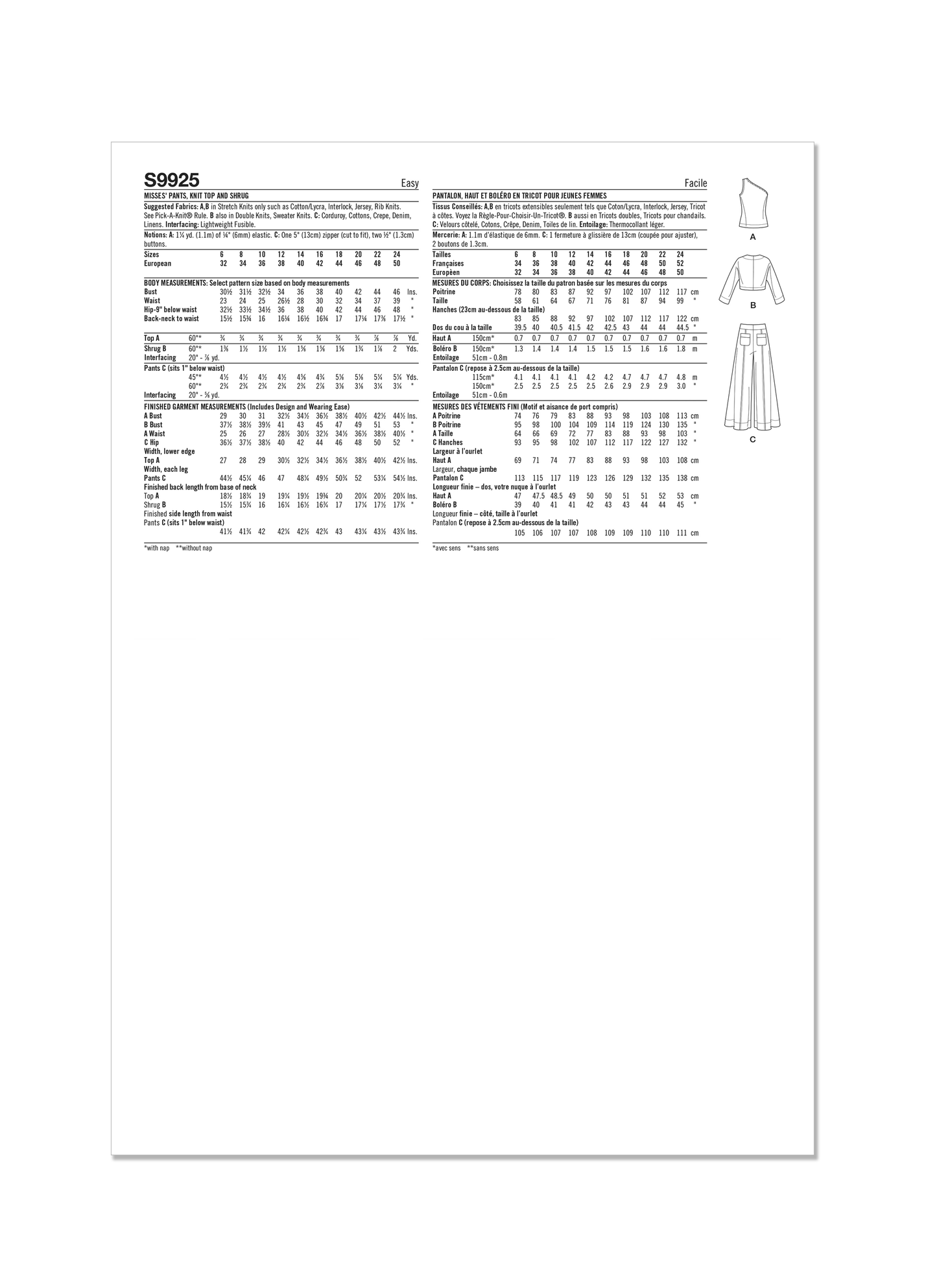 Simplicity Pattern S9925 Misses' Pants, Knit Shrug and Top