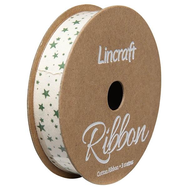 Cotton Ribbon, Emerald Stars- 15mm x 3m