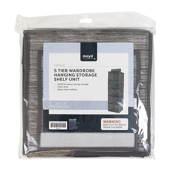 Mayd Wardrobe Hanging Storage Shelf Unit, 5 Tier- 28cmx28cmx90cm