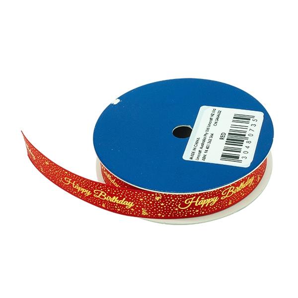 Makr Ribbon, Gold Happy Birthday Red Satin- 16mmx4.5m