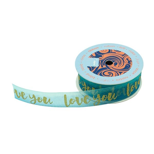 Makr Ribbon, Gold Love You Blue Organza- 25mmx3.6m