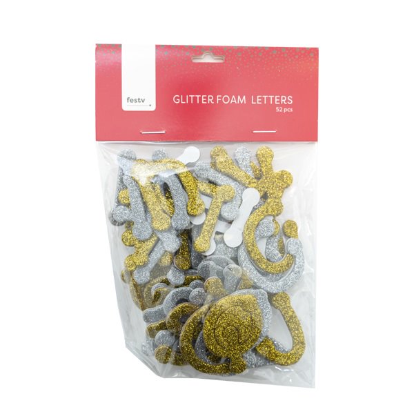 Christmas Glitter Foam Letters, Gold & Silver Mix- 52pk