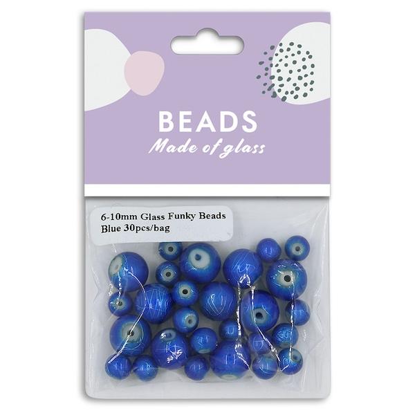 6-10mm Glass Funky Beads, Blue- 30pc- Sullivans