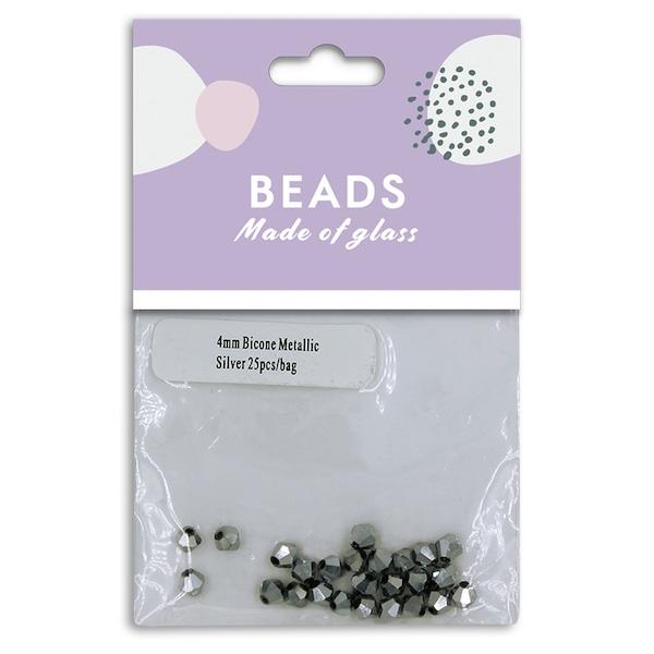 4mm Bicone Beads, Metallic Silver- 25pc- Sullivans