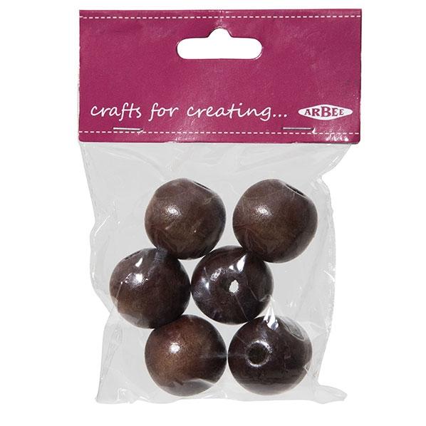 Arbee Wood Beads, Round 25mm Brown- 6pc