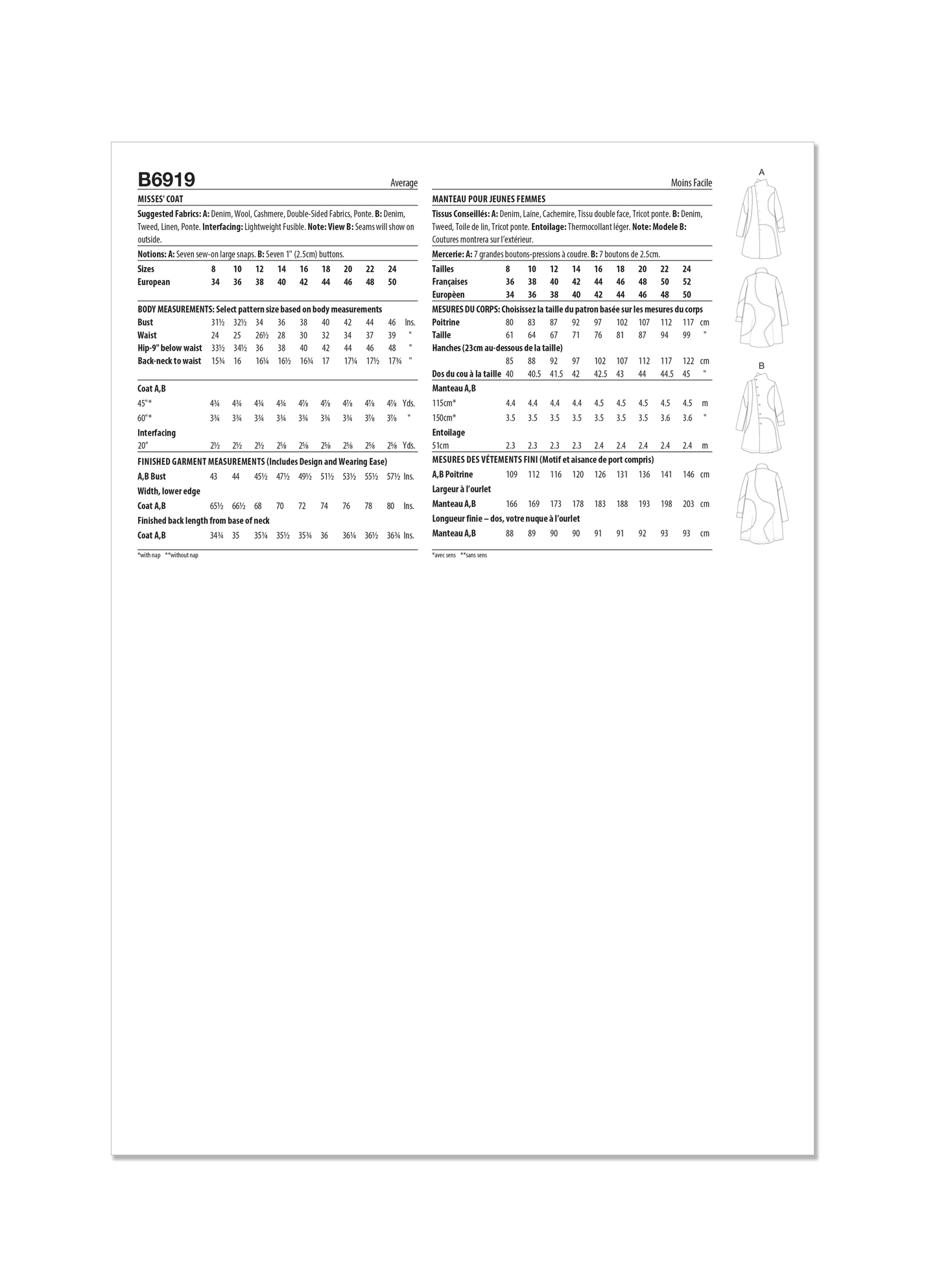 Butterick B6919 Misses' Coat