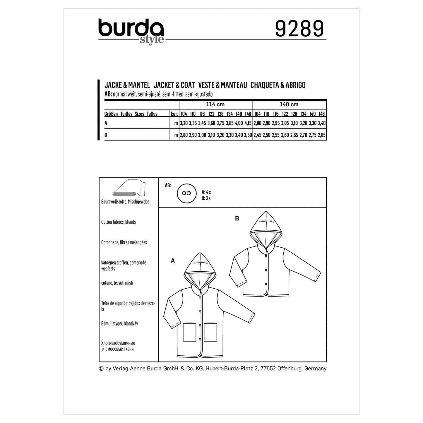 Burda Pattern 9289 Children's Coat – Jacket – Hood