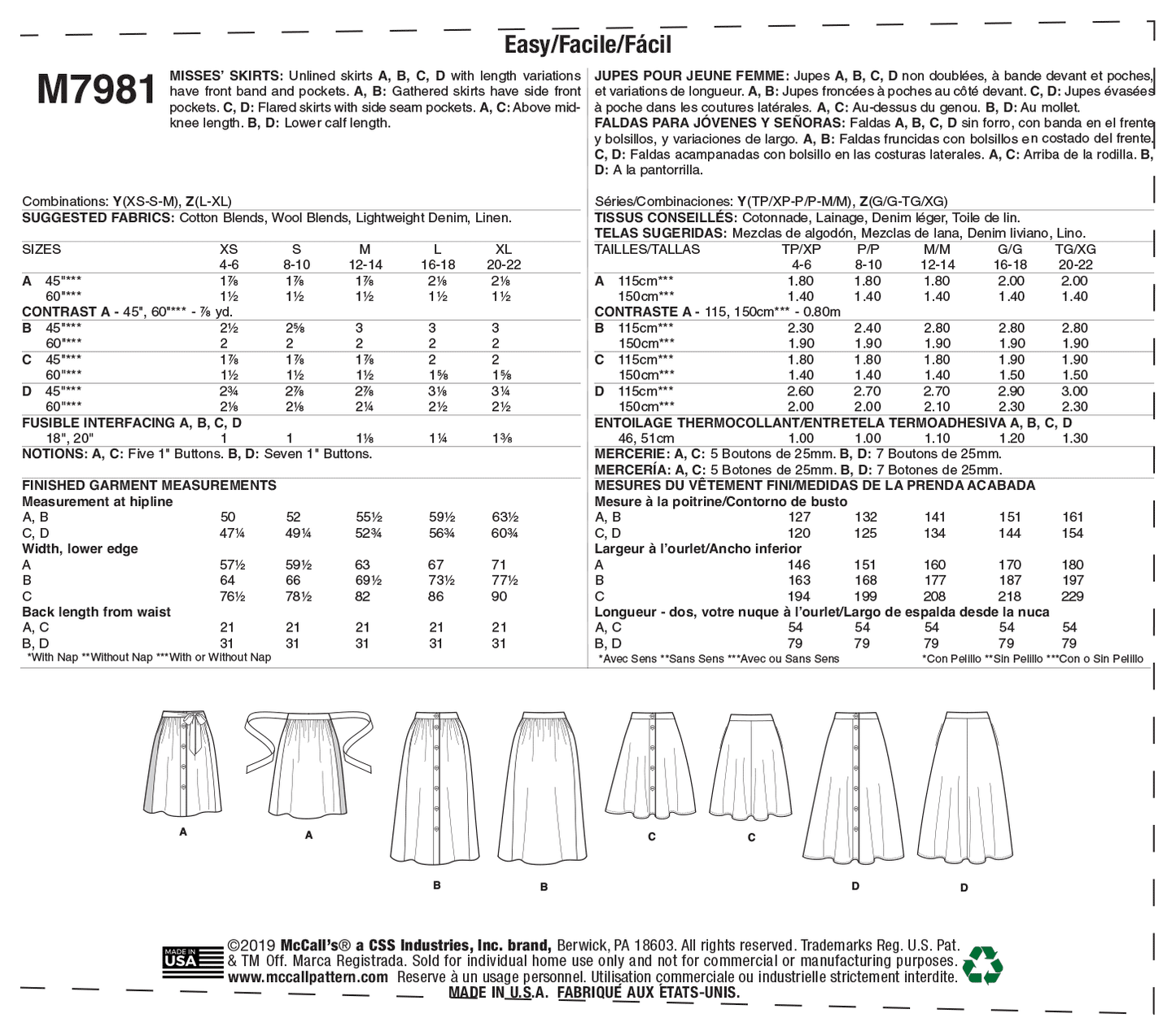 McCall's Pattern M7981 Misses' Skirts