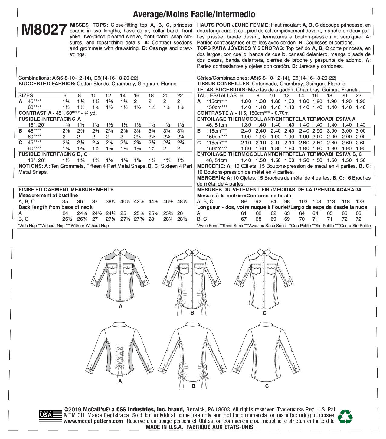 McCall's Pattern M8027 Misses' Tops