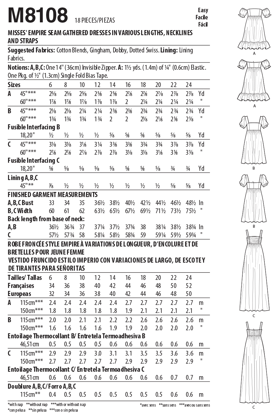 McCall's Pattern M8108 Misses' Empire Seam Gathered Dresses In Various Lengths, Necklines & Straps