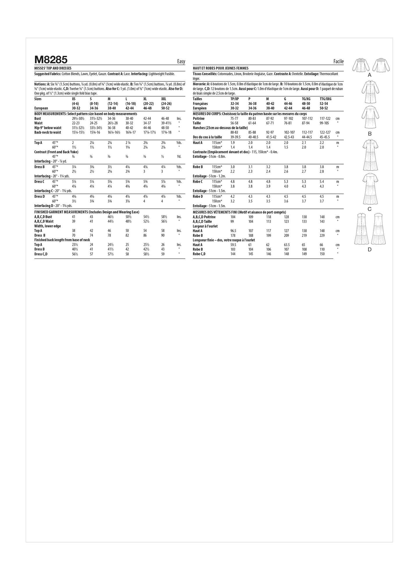 McCall's Pattern M8285 Misses Top & Dresses