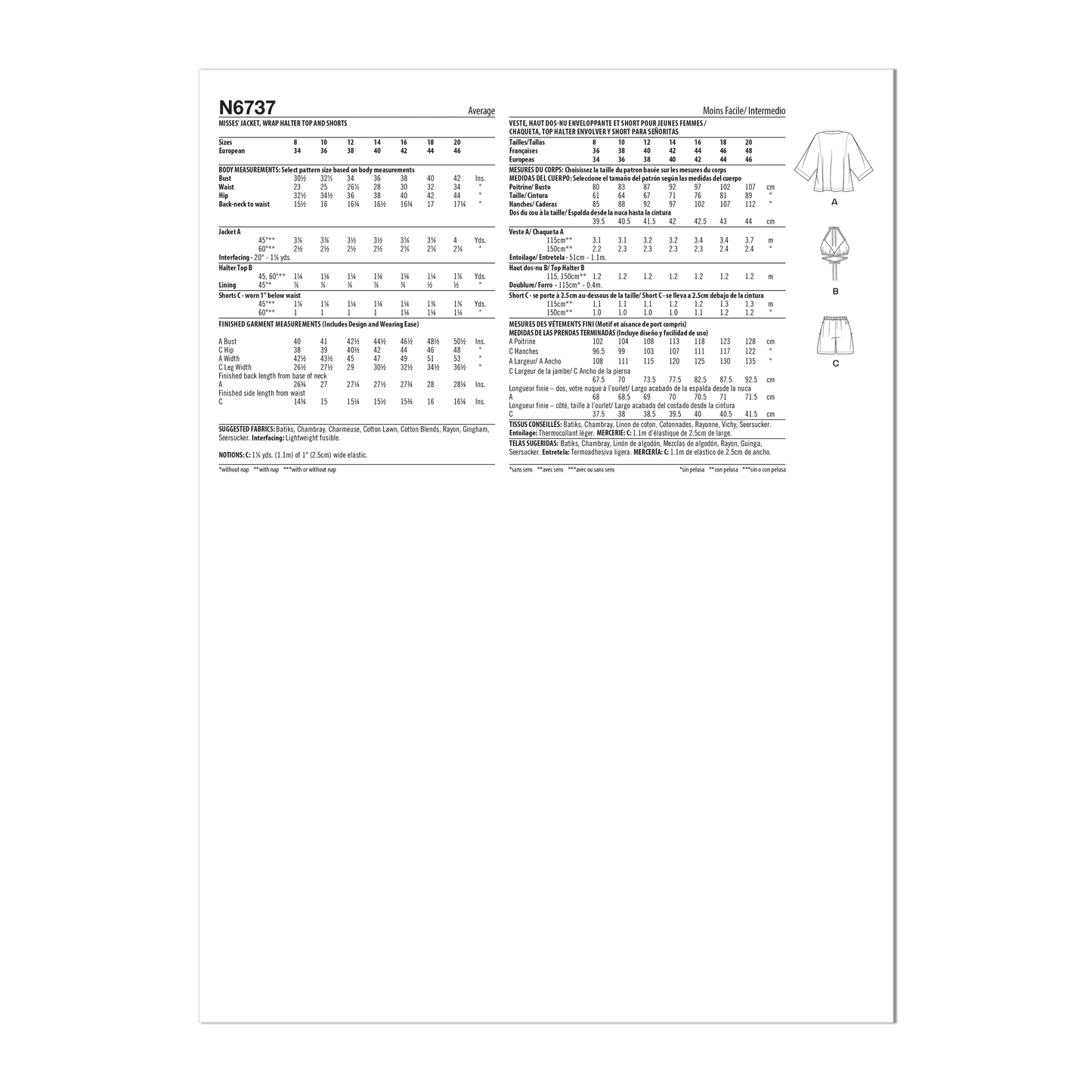Newlook Pattern 6737 Misses' Jacket, Wrap Halter Top and Shorts