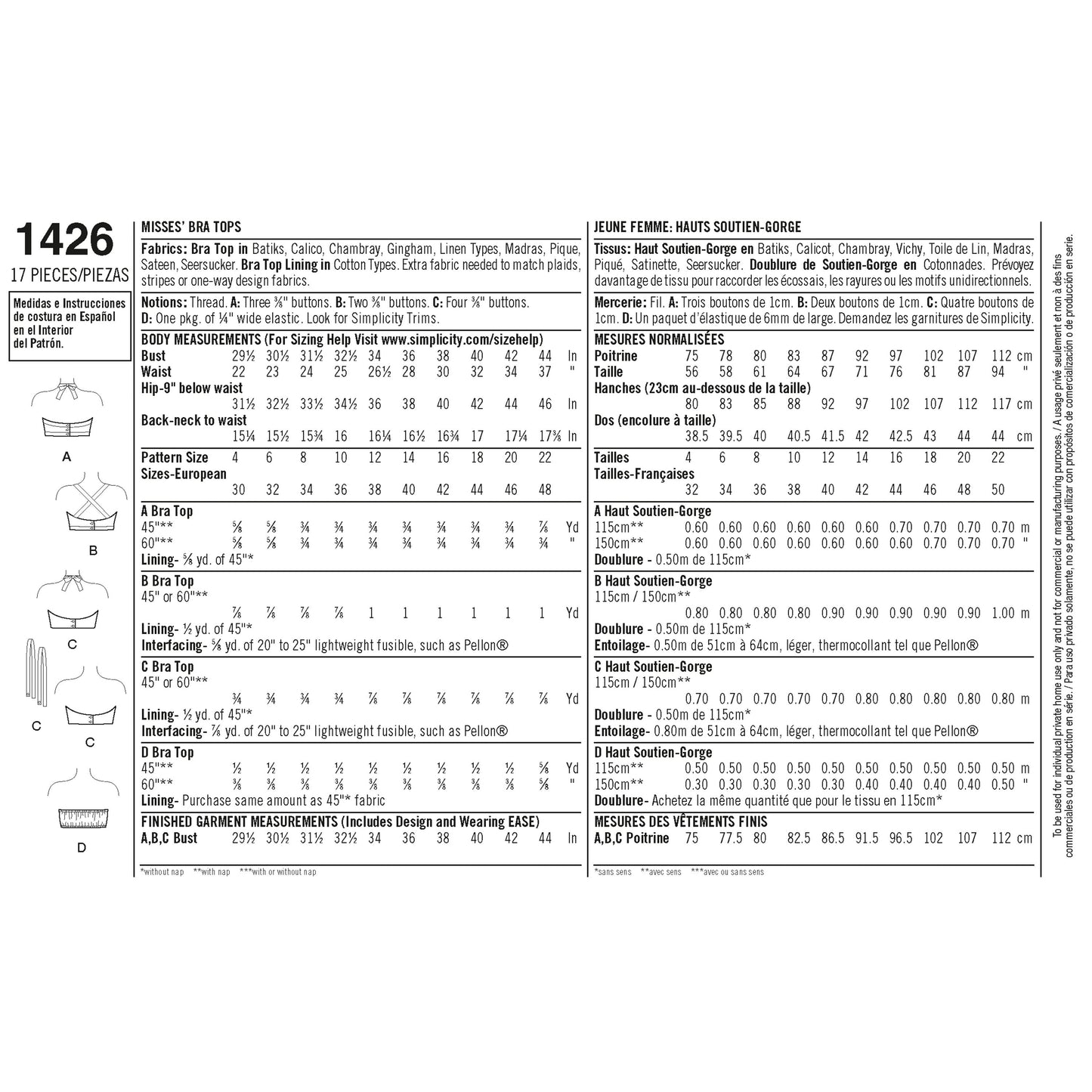 Simplicity Pattern 1426 Women's Vintage 1950's Bra Tops