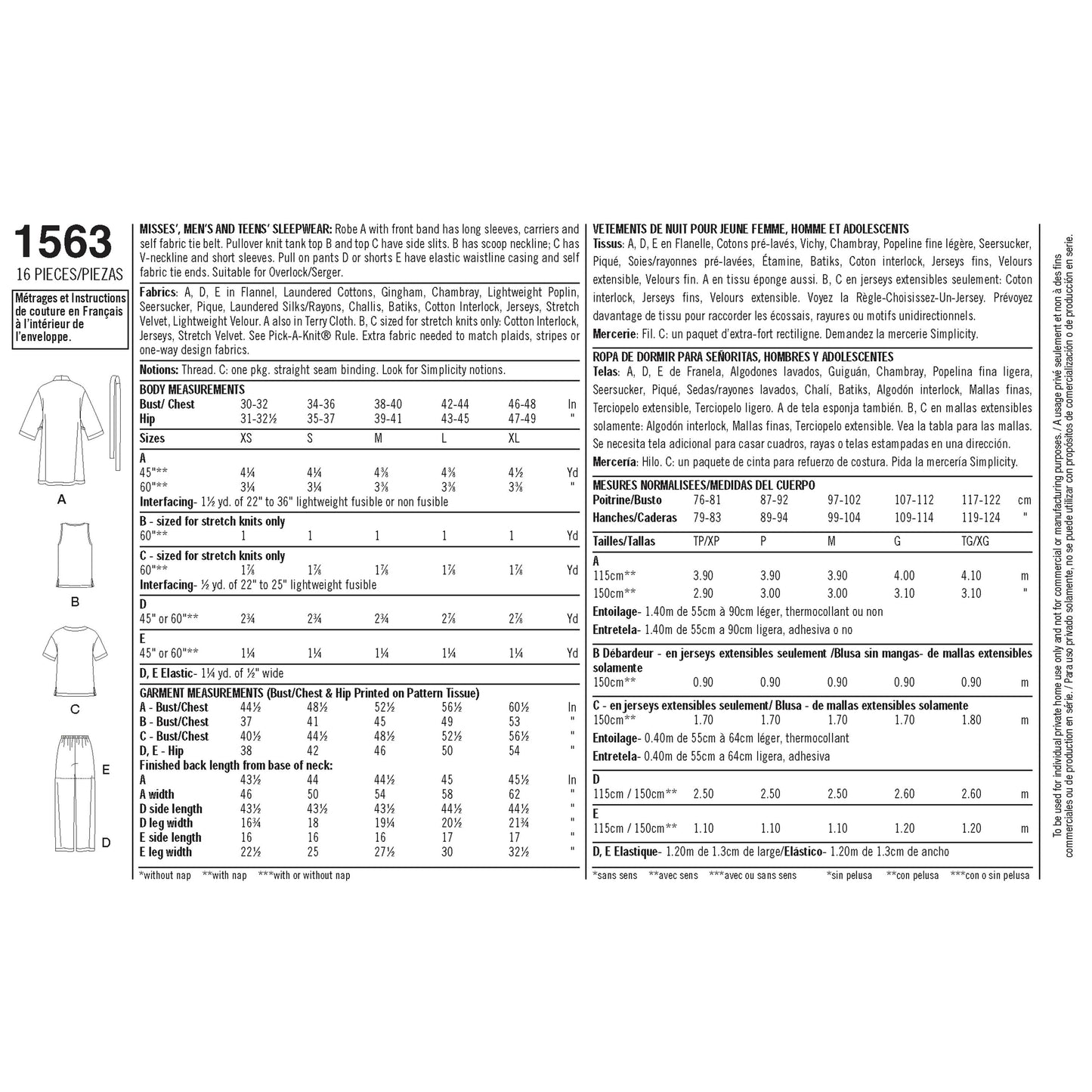 Simplicity Pattern 1563 Women's Men's and Teens' Sleepwear