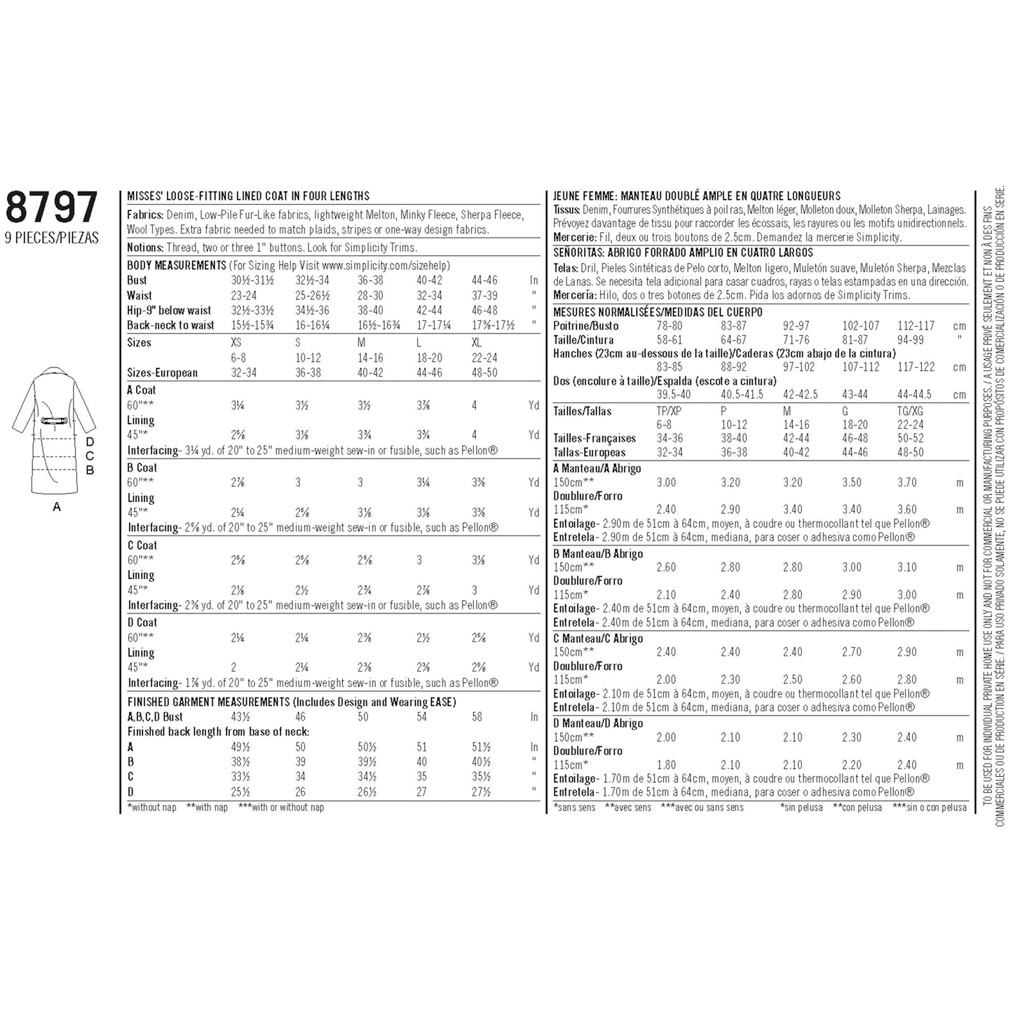 Simplicity Pattern 8797 Misses Loose Fitting Lined Coat