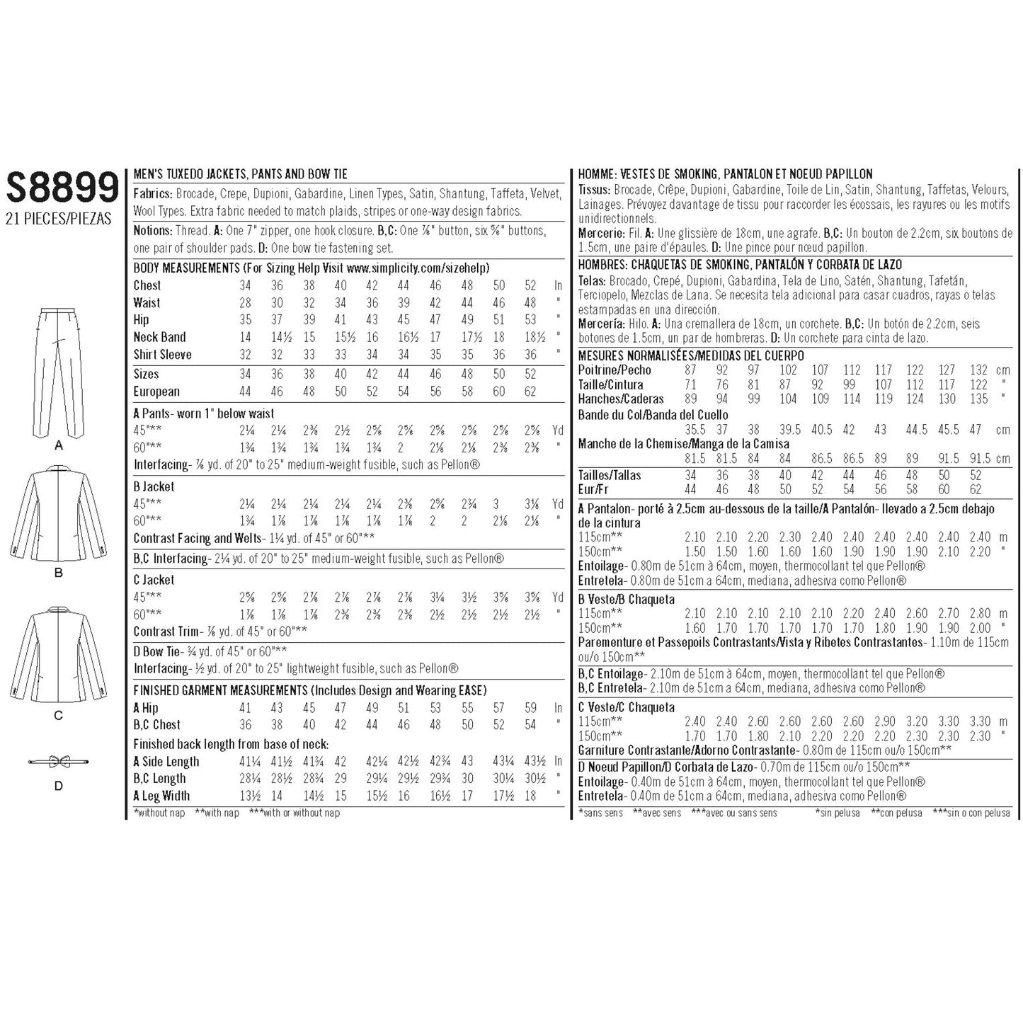 Simplicity Pattern 8899 Men's Tuxedo Jackets, Pants and Bow Tie