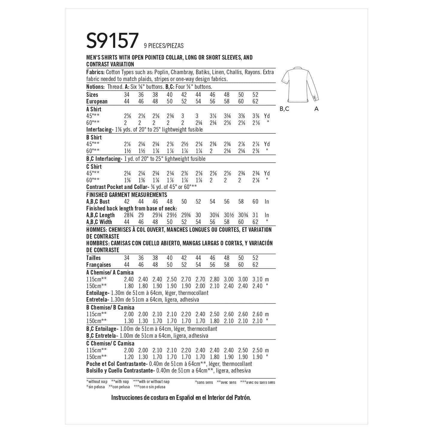 Simplicity Pattern 9157 Men's Open Pointed Collar Shirts