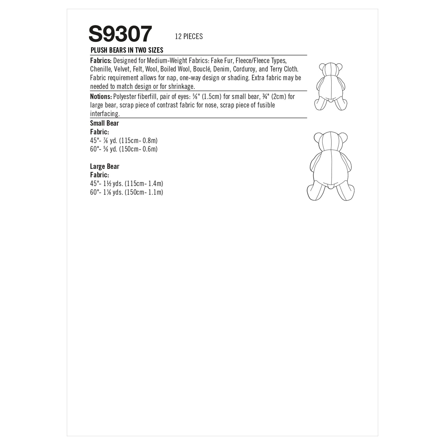Simplicity Pattern 9307 Plush Bears in Two Sizes