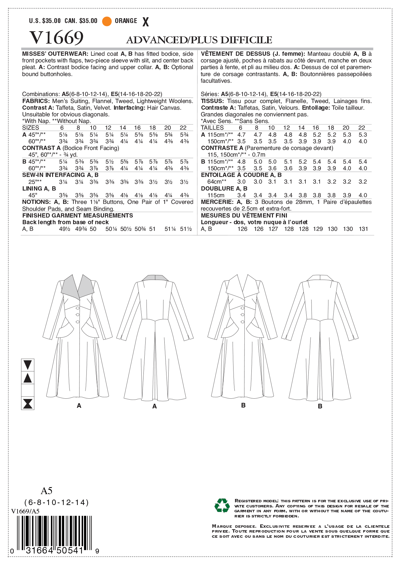 Vogue Pattern V1669 Misses' Outerwear