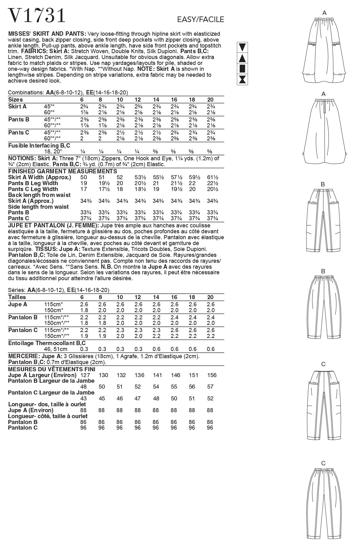 Vogue Pattern V1731 Misses' Deep-Pocket Skirt and Pants