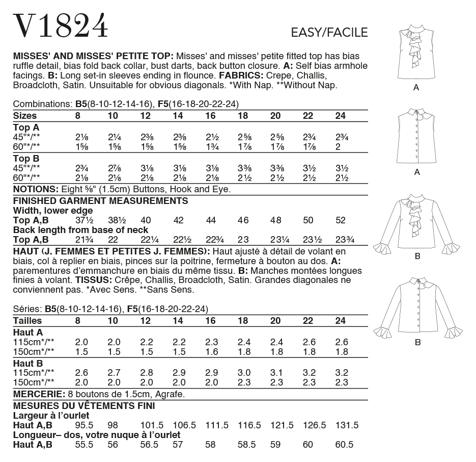 Vogue Pattern V1824 Misses' and Misses' Petite Top
