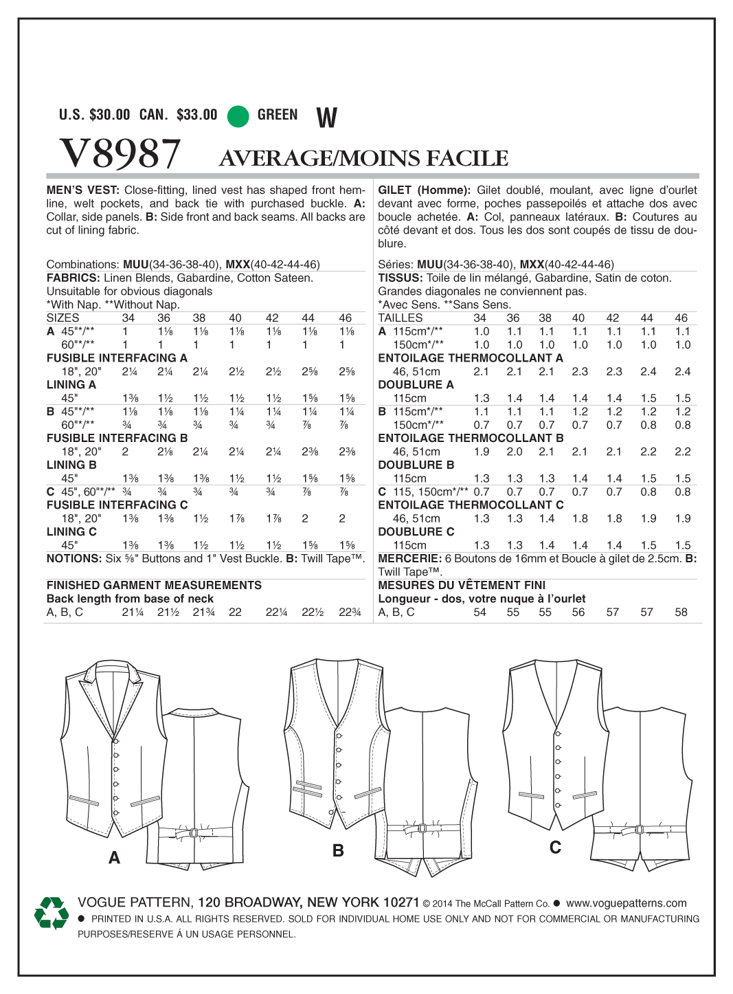 Vogue Pattern V8987 Men's Vest