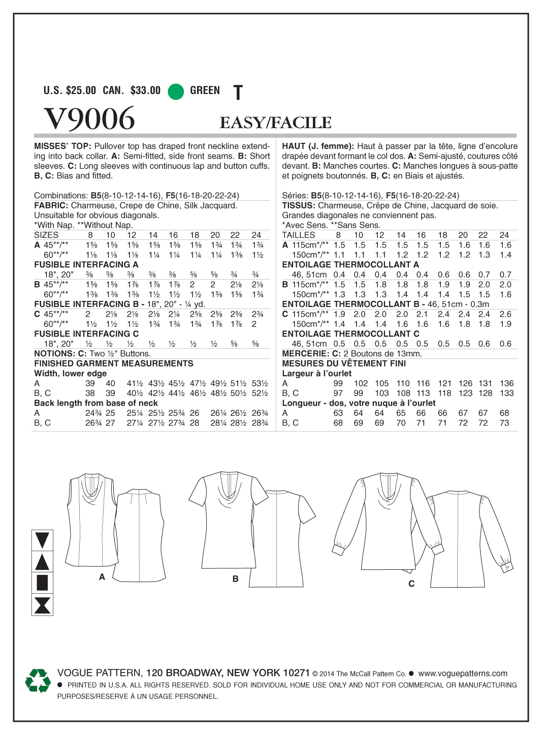 Vogue Pattern V9006 Misses' Top