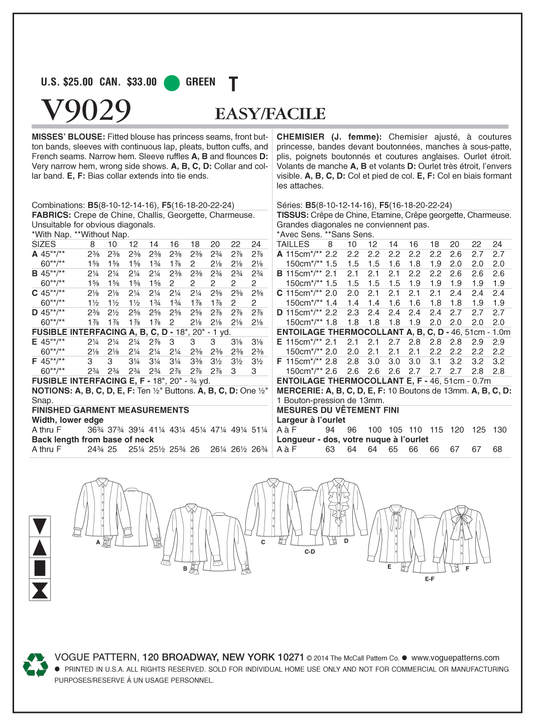 Vogue Pattern V9029 Misses' Blouse