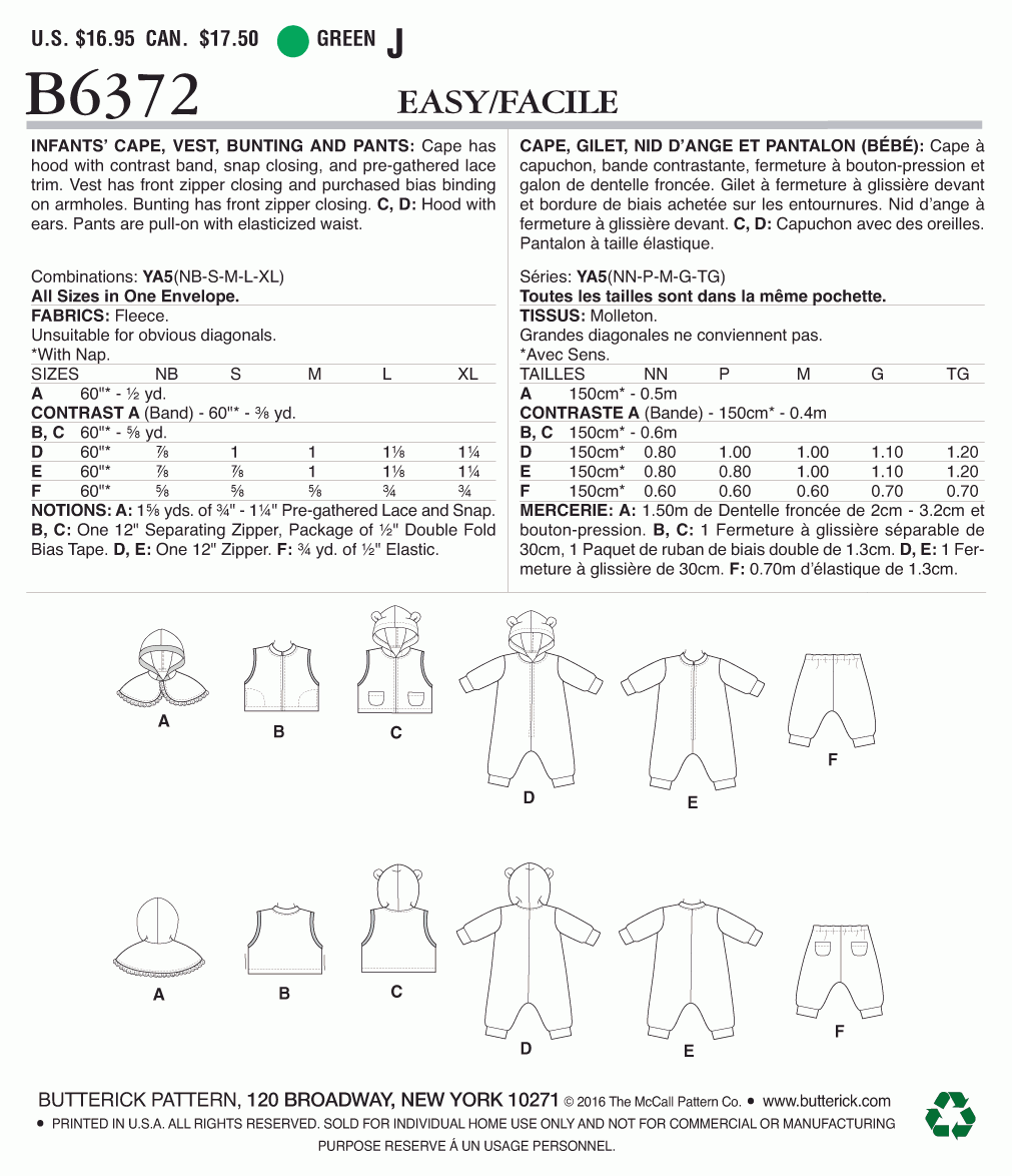 Butterick Pattern B6372 YA5 (NB-S-M-L-XL)