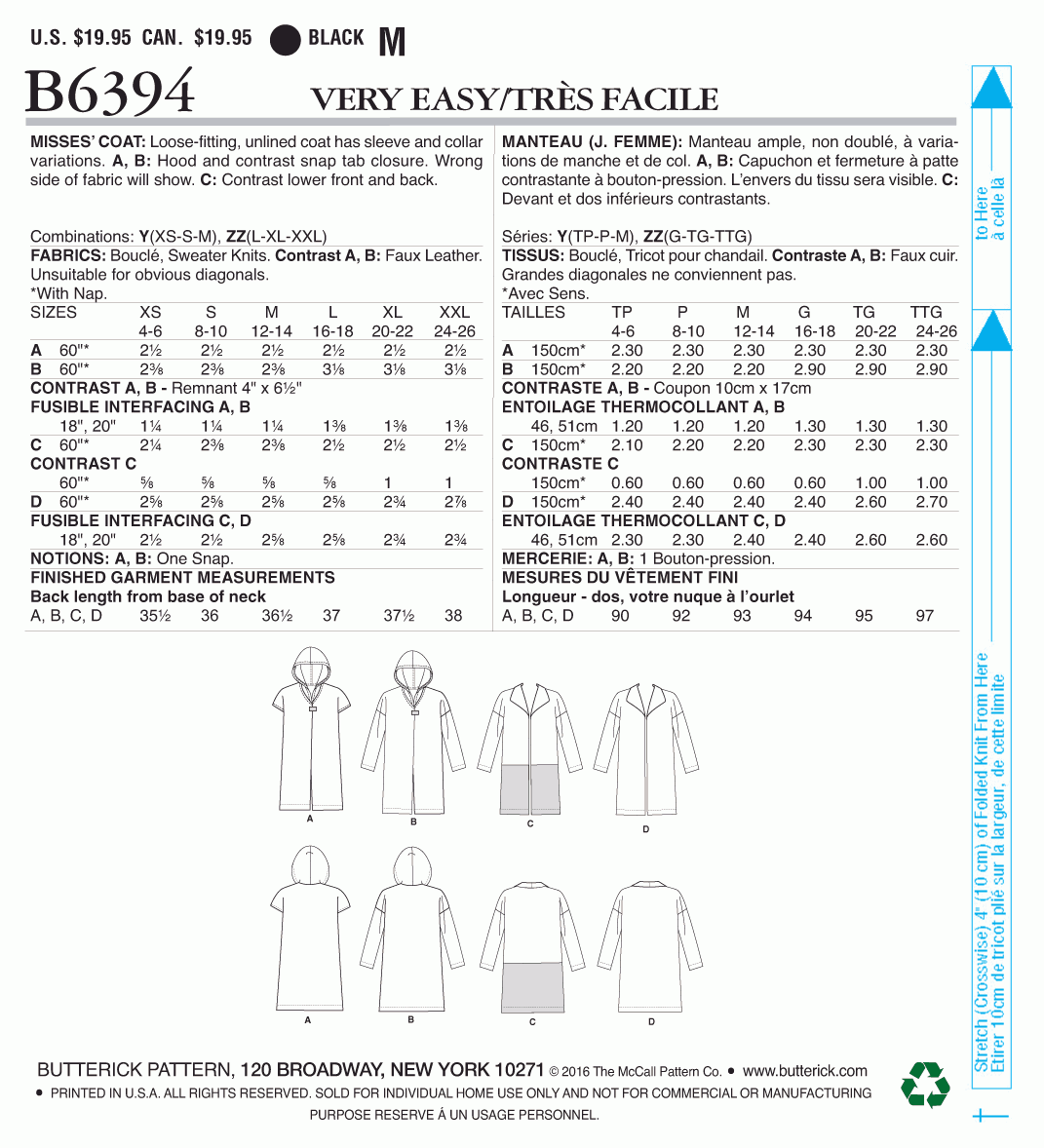 Butterick Pattern B6394 Misses' Shawl Collar Coats