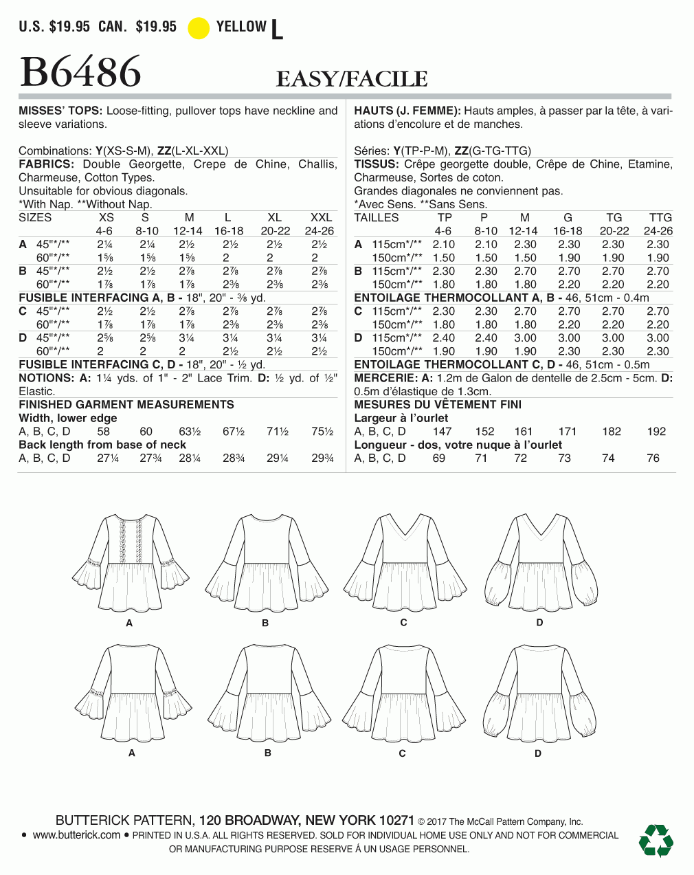 Butterick Pattern B6486 Y (XSM-SML-MED)