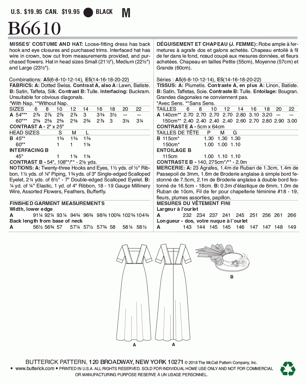 Butterick Pattern B6610 Misses' Costume and Hat