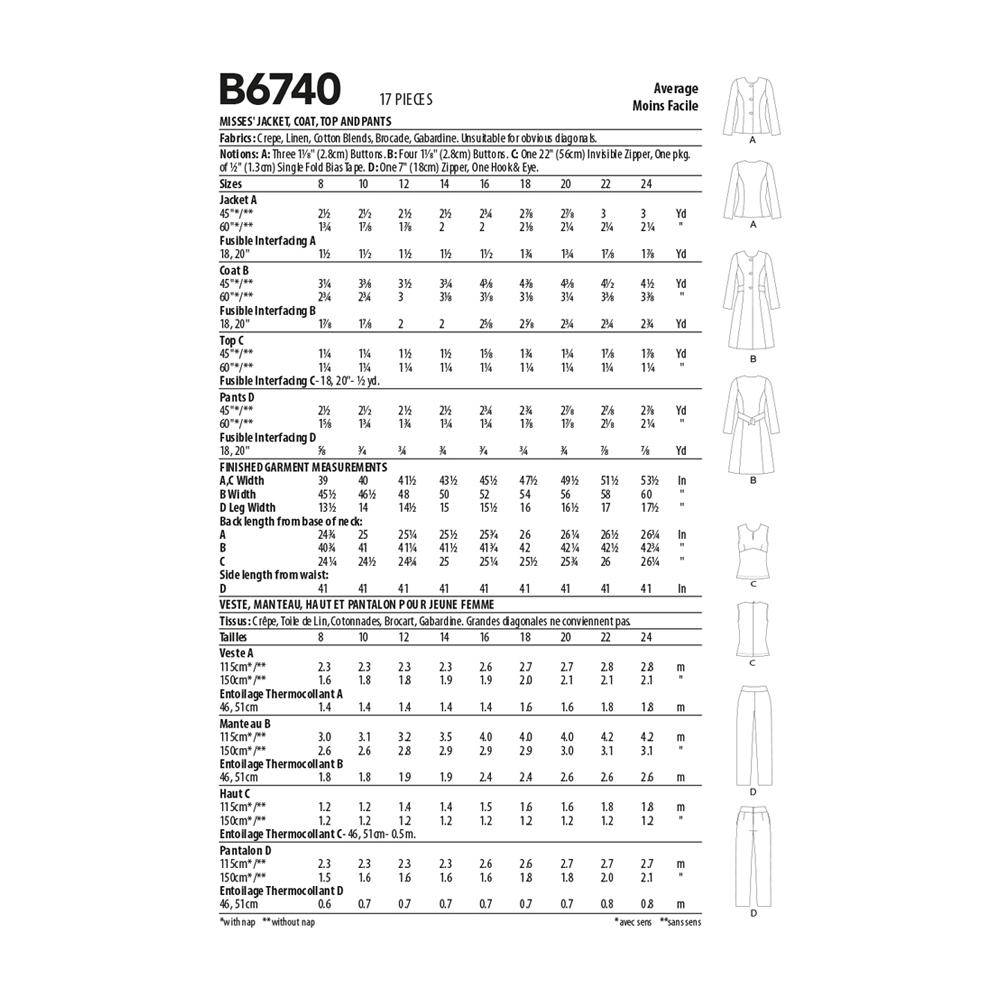 Butterick Pattern B6740 Misses' Jacket, Coat, Top & Pants