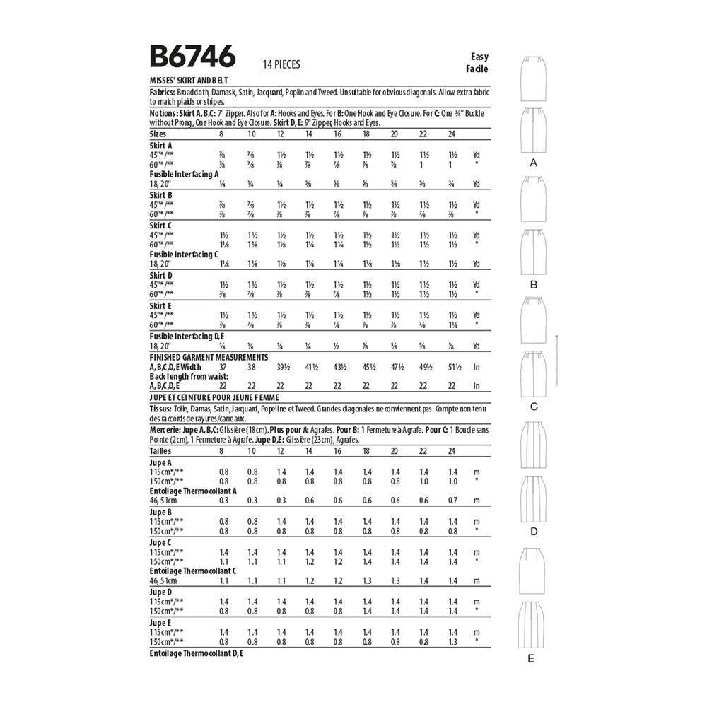 Butterick Pattern B6746 Misses' Straight Skirts and Belt