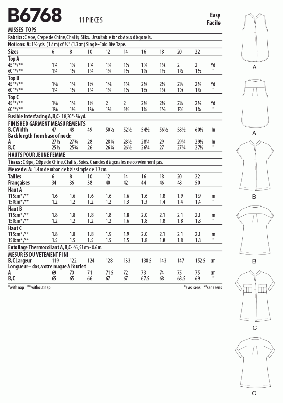 Butterick Pattern B6768 Misses' Tops
