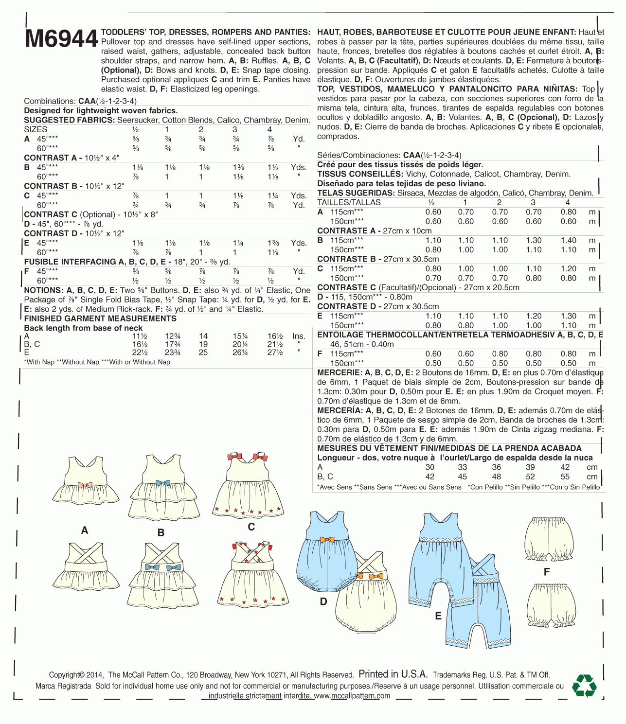McCall's Pattern M6944 CAA (All Sizes In One Envelope)
