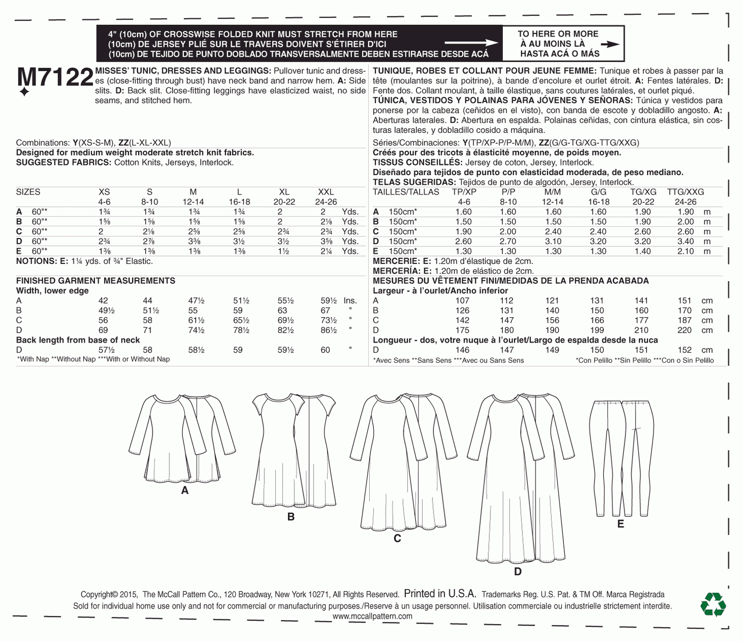 McCall's Pattern M7122 Y (XSM-SML-MED)