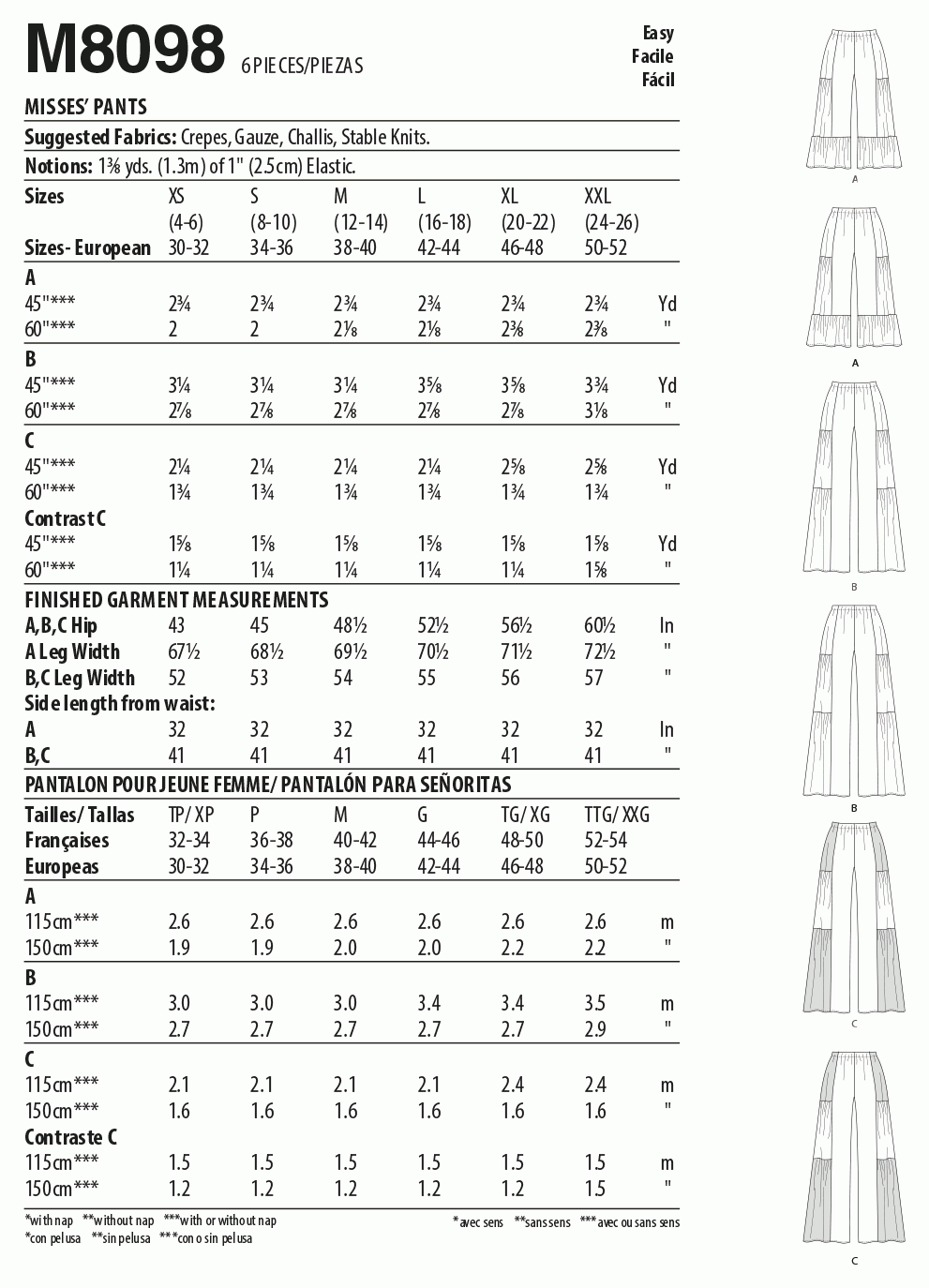 McCall's Pattern Misses' Pants M8098 (L-XL-XXL)