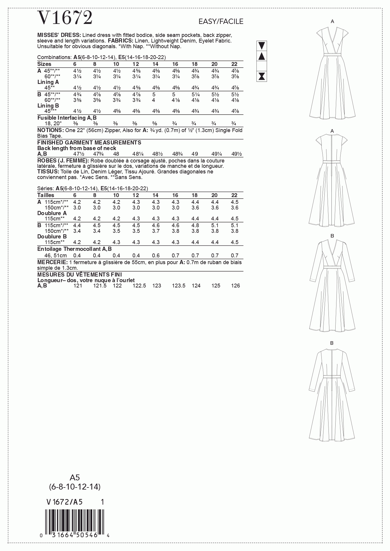 Vogue Pattern V1672 A5 (6-8-10-12-14)