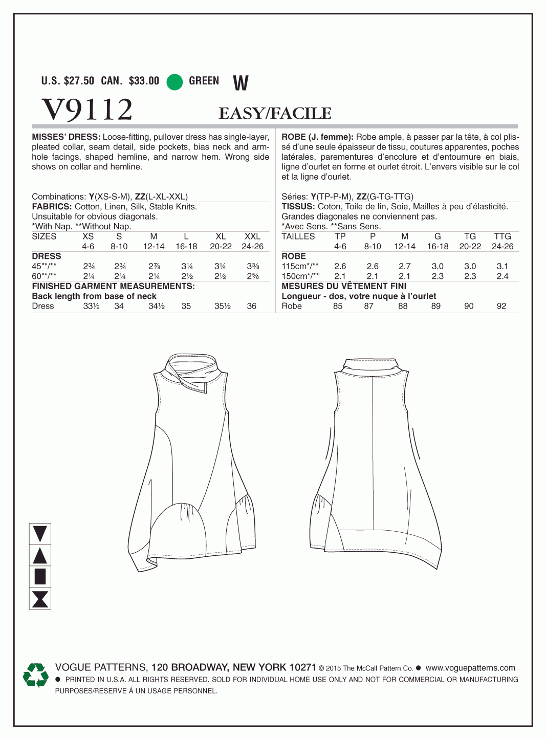 Vogue Pattern V9112 Y (XSM-SML-MED)