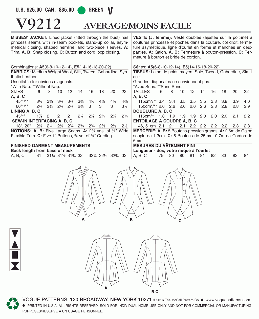 Vogue Pattern V9212 A5 (6-8-10-12-14)