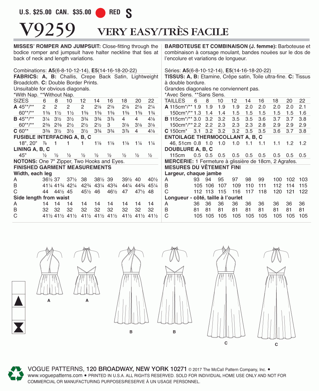  Vogue Patterns Casual Misses' Criss-Cross Halter Romper and  Jumpsuit with Length Variations, 6-8-10-12-14, Red : Arts, Crafts & Sewing