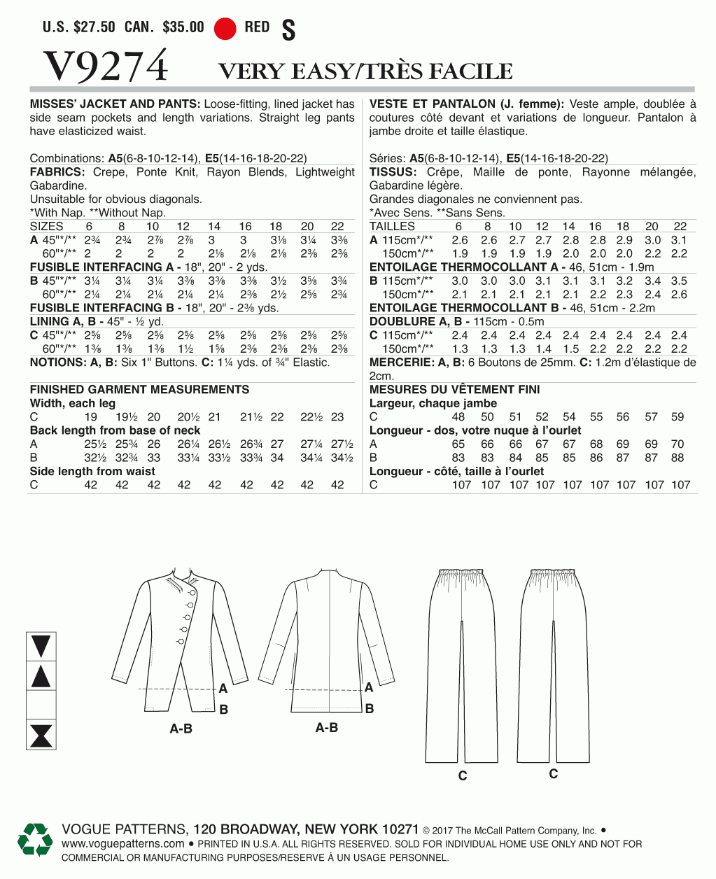 Vogue Pattern V9274 A5 (6-8-10-12-14)