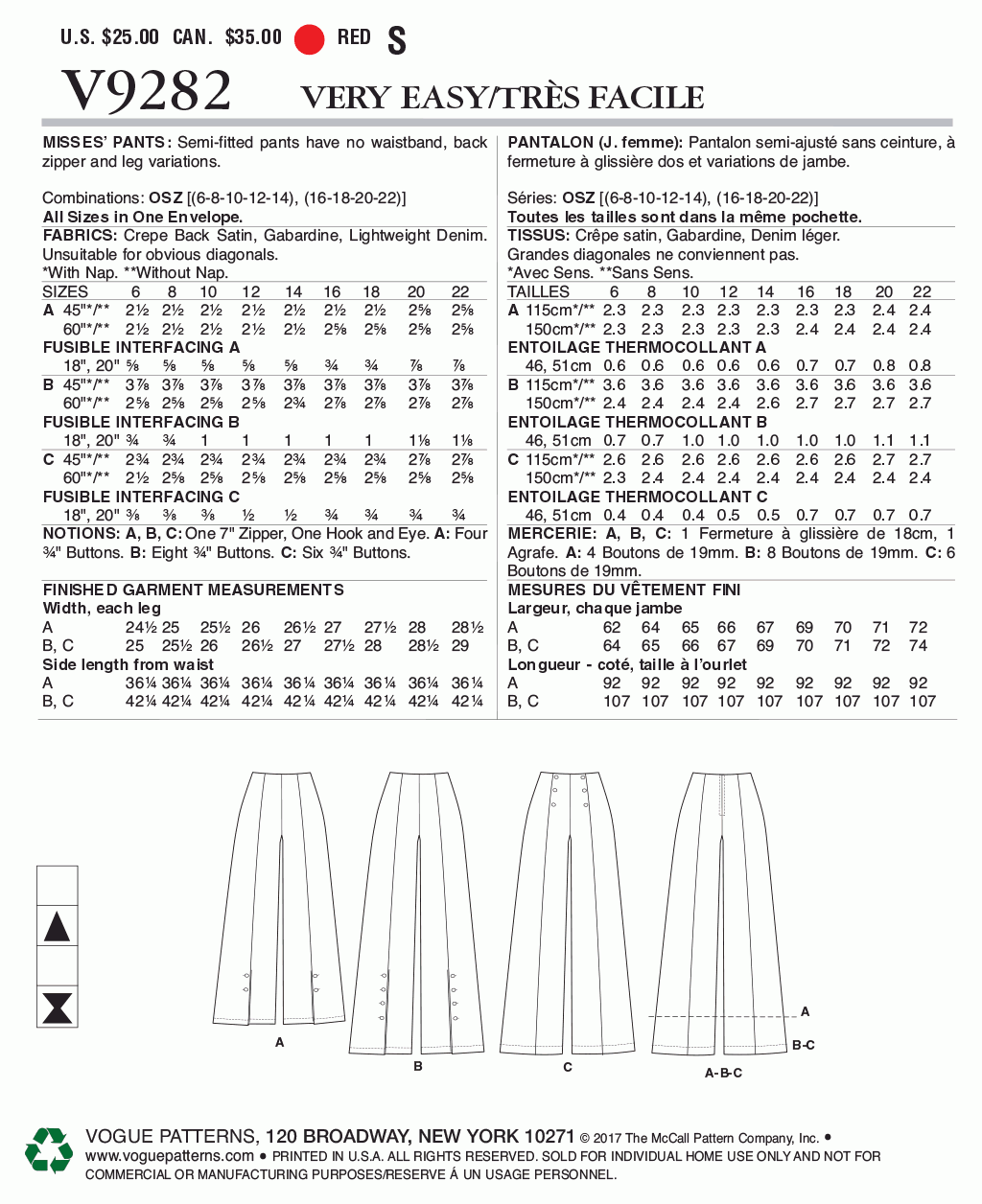 Vogue Pattern V9282 All Sizes in One Envelope